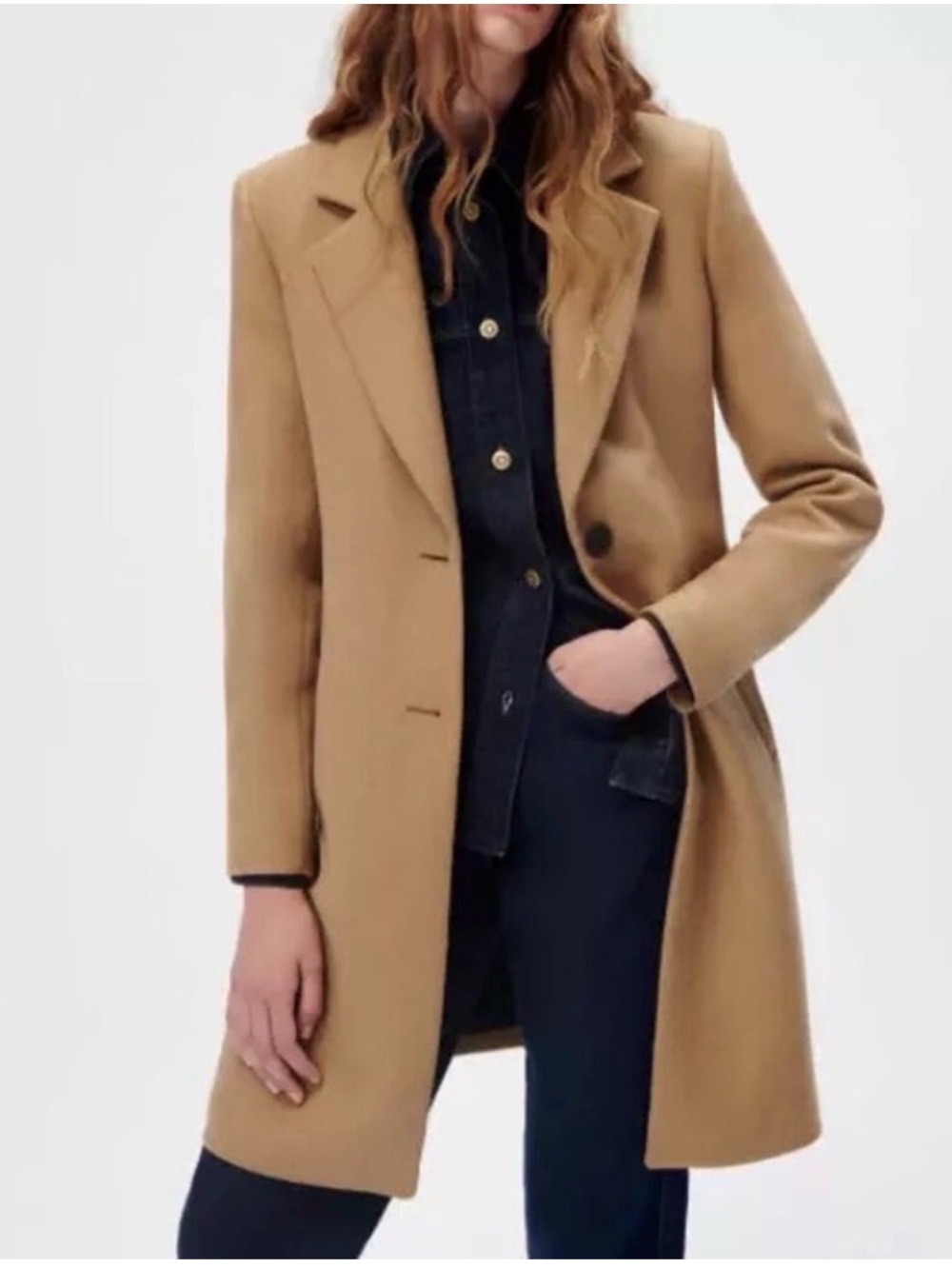 Zara Womens Wool Blend Coat Longline Long Notch Collar Camel Tan Small READ
